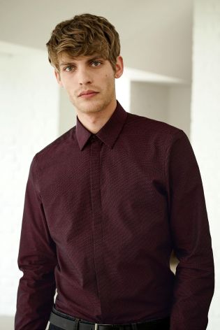 Burgundy Textured Slim Fit Shirt With Concealed Placket